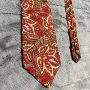 Villa Bugatti Necktie Mens One Size Red Gold Paisley Floral 100% Italian Silk